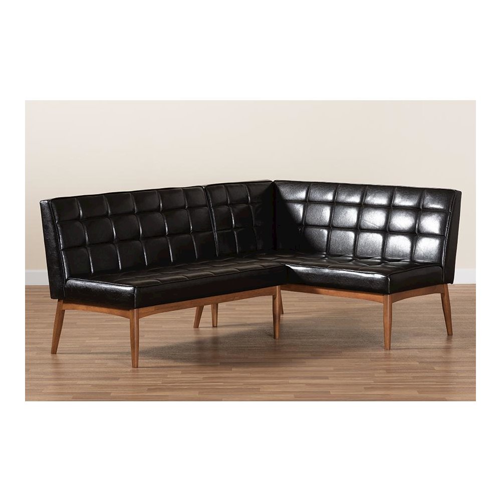 Leather Upholstered Walnut Brown Finished Wood 2-Piece Dining Nook Banquette Set