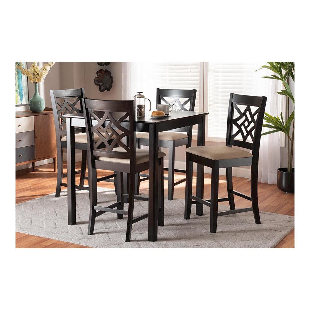 Sand Fabric Upholstered and Dark Brown Finished Wood 5-Piece Pub Set