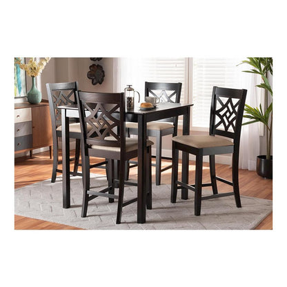 Sand Fabric Upholstered and Dark Brown Finished Wood 5-Piece Pub Set