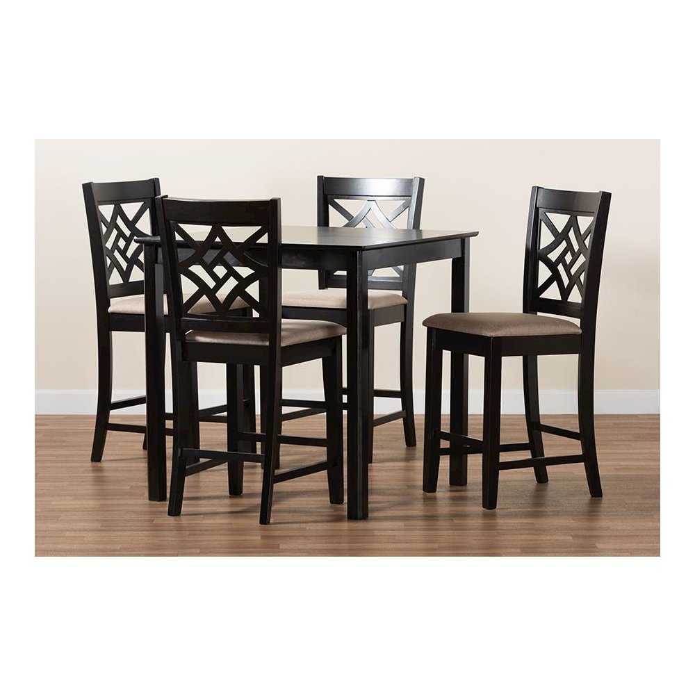 Sand Fabric Upholstered and Dark Brown Finished Wood 5-Piece Pub Set