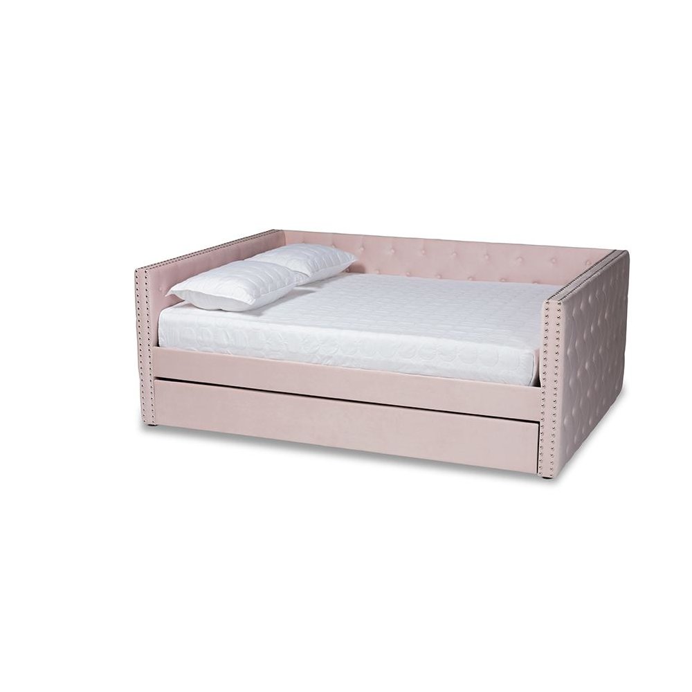 Pink Velvet Fabric Upholstered Full Size Daybed with Trundle