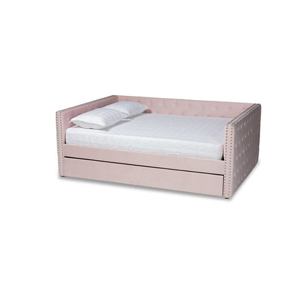 Pink Velvet Fabric Upholstered Full Size Daybed with Trundle