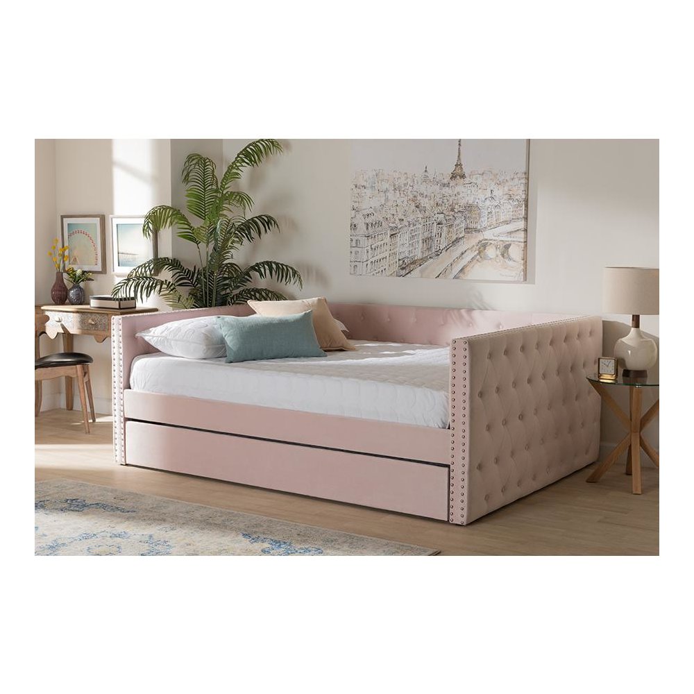 Pink Velvet Fabric Upholstered Full Size Daybed with Trundle