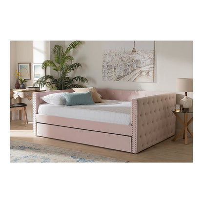 Pink Velvet Fabric Upholstered Full Size Daybed with Trundle