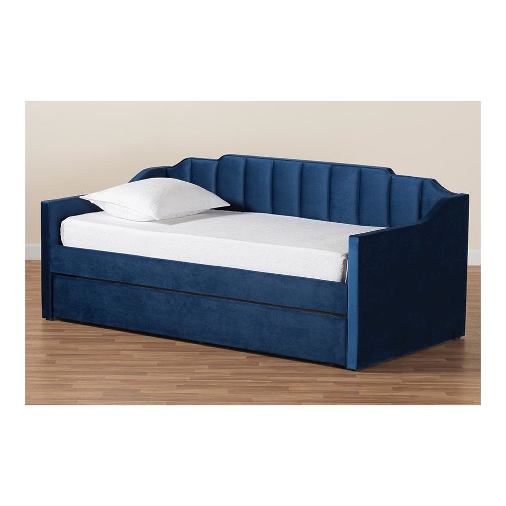 Navy Blue Velvet Fabric Upholstered Twin Size Daybed with Trundle