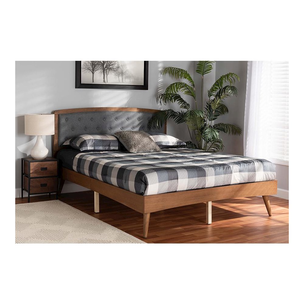 Baxton Studio Ratana Mid-Century Modern Transitional Grey Fabric Upholstered and Walnut Brown Finished Wood Full Size Platform Bed