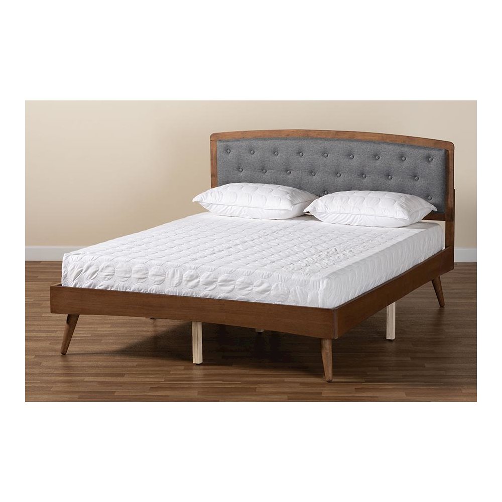 Baxton Studio Ratana Mid-Century Modern Transitional Grey Fabric Upholstered and Walnut Brown Finished Wood Full Size Platform Bed