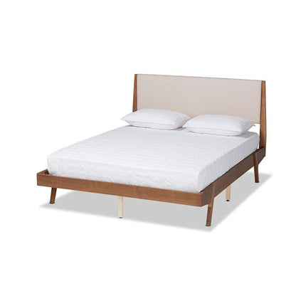 Beige Fabric Upholstered and Walnut Brown Finished Wood Full Size Platform Bed