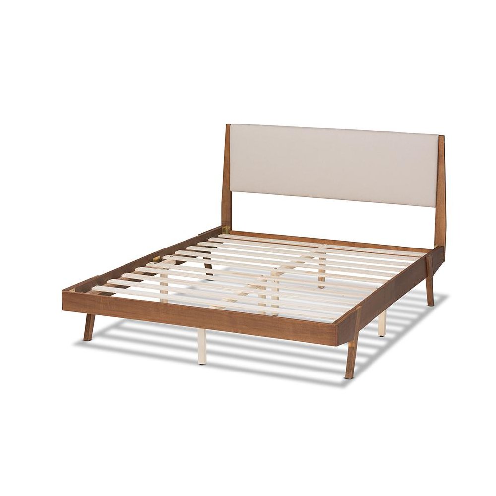 Beige Fabric Upholstered and Walnut Brown Finished Wood Full Size Platform Bed