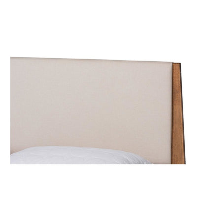 Beige Fabric Upholstered and Walnut Brown Finished Wood Full Size Platform Bed