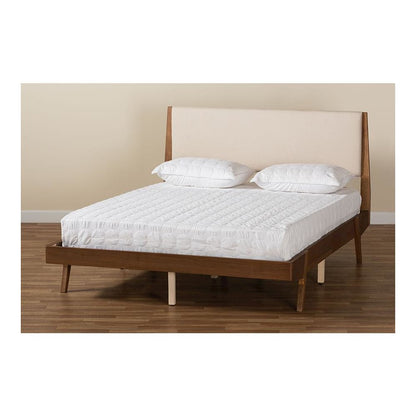 Beige Fabric Upholstered and Walnut Brown Finished Wood Full Size Platform Bed