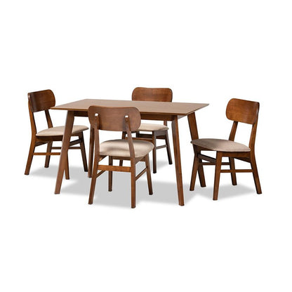 Sand Fabric Upholstered and Walnut Brown Finished Wood 5-Piece Dining Set
