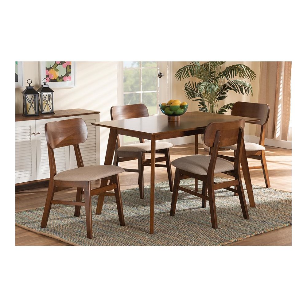 Sand Fabric Upholstered and Walnut Brown Finished Wood 5-Piece Dining Set