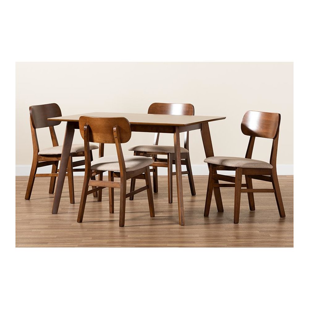Sand Fabric Upholstered and Walnut Brown Finished Wood 5-Piece Dining Set