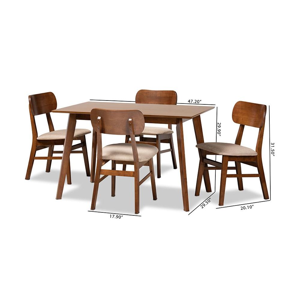 Sand Fabric Upholstered and Walnut Brown Finished Wood 5-Piece Dining Set