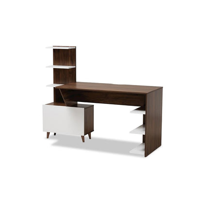 Two-Tone White and Walnut Brown Finished Wood Storage Computer Desk with Shelves