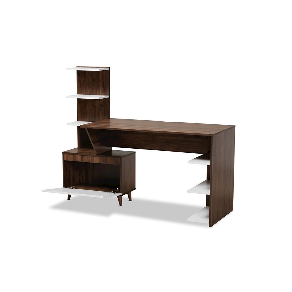 Two-Tone White and Walnut Brown Finished Wood Storage Computer Desk with Shelves