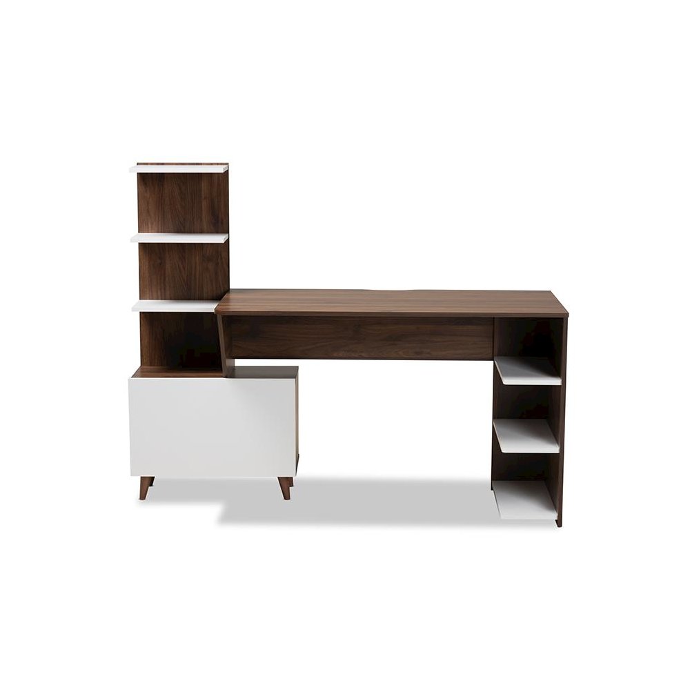Two-Tone White and Walnut Brown Finished Wood Storage Computer Desk with Shelves