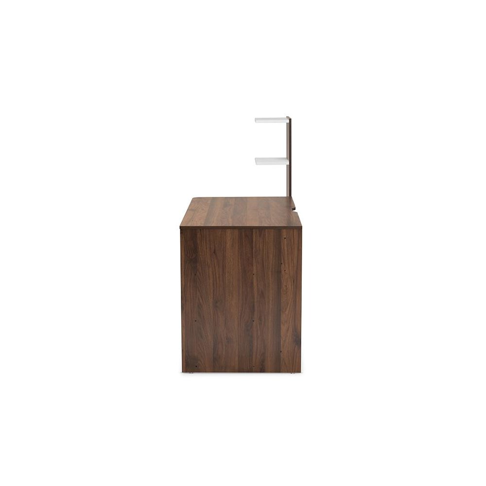 Two-Tone White and Walnut Brown Finished Wood Storage Computer Desk with Shelves