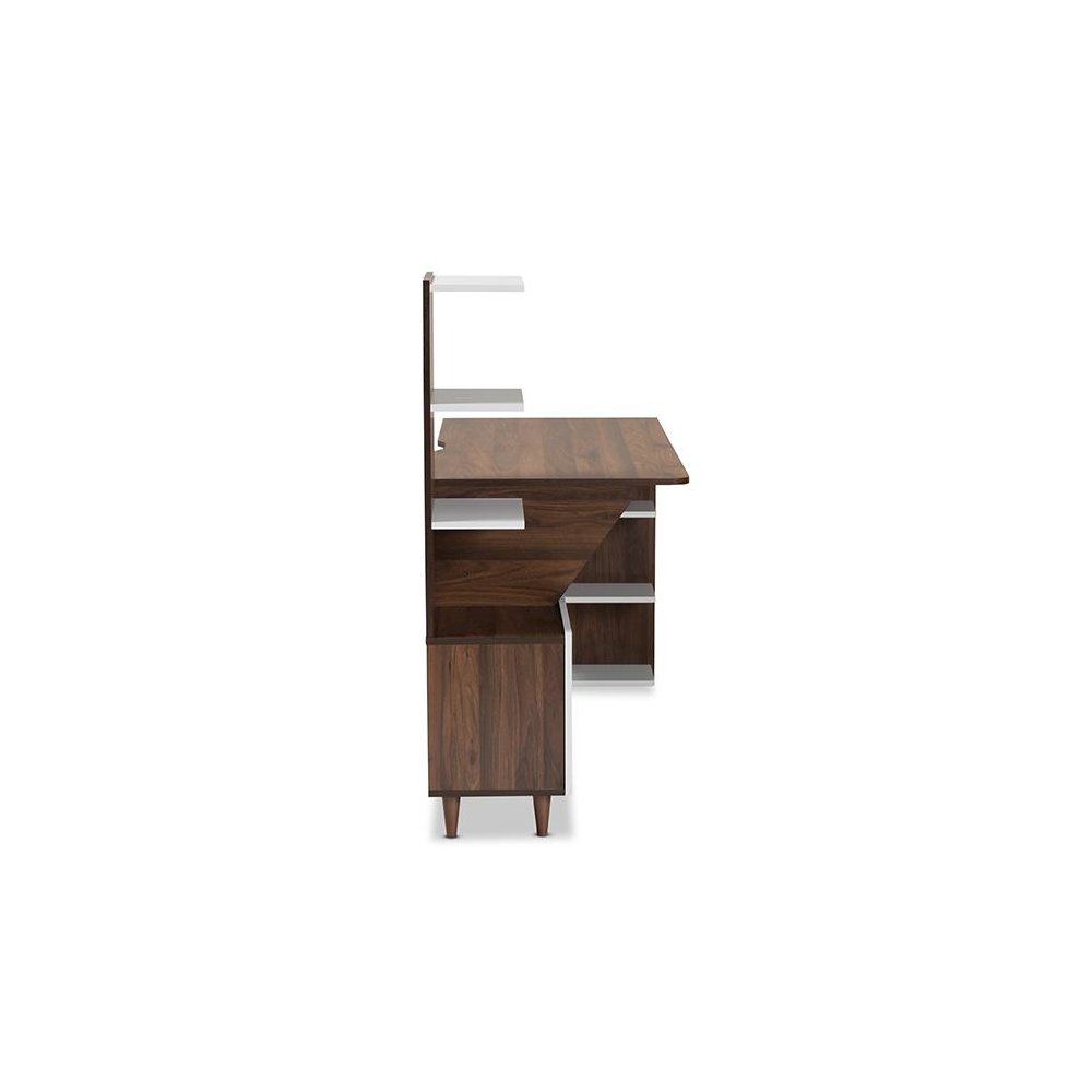 Two-Tone White and Walnut Brown Finished Wood Storage Computer Desk with Shelves