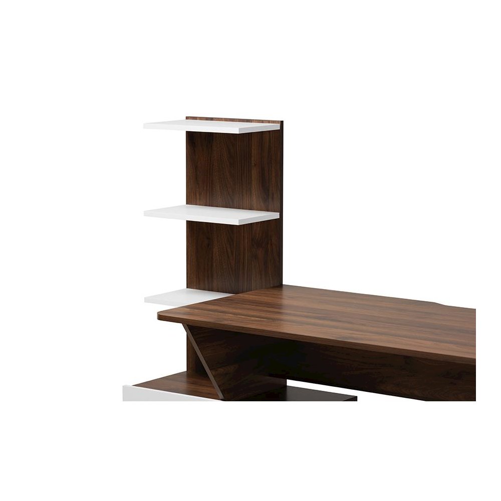 Two-Tone White and Walnut Brown Finished Wood Storage Computer Desk with Shelves