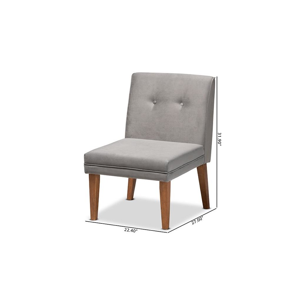 Grey Velvet Upholstered and Walnut Brown Finished Wood Dining Chair