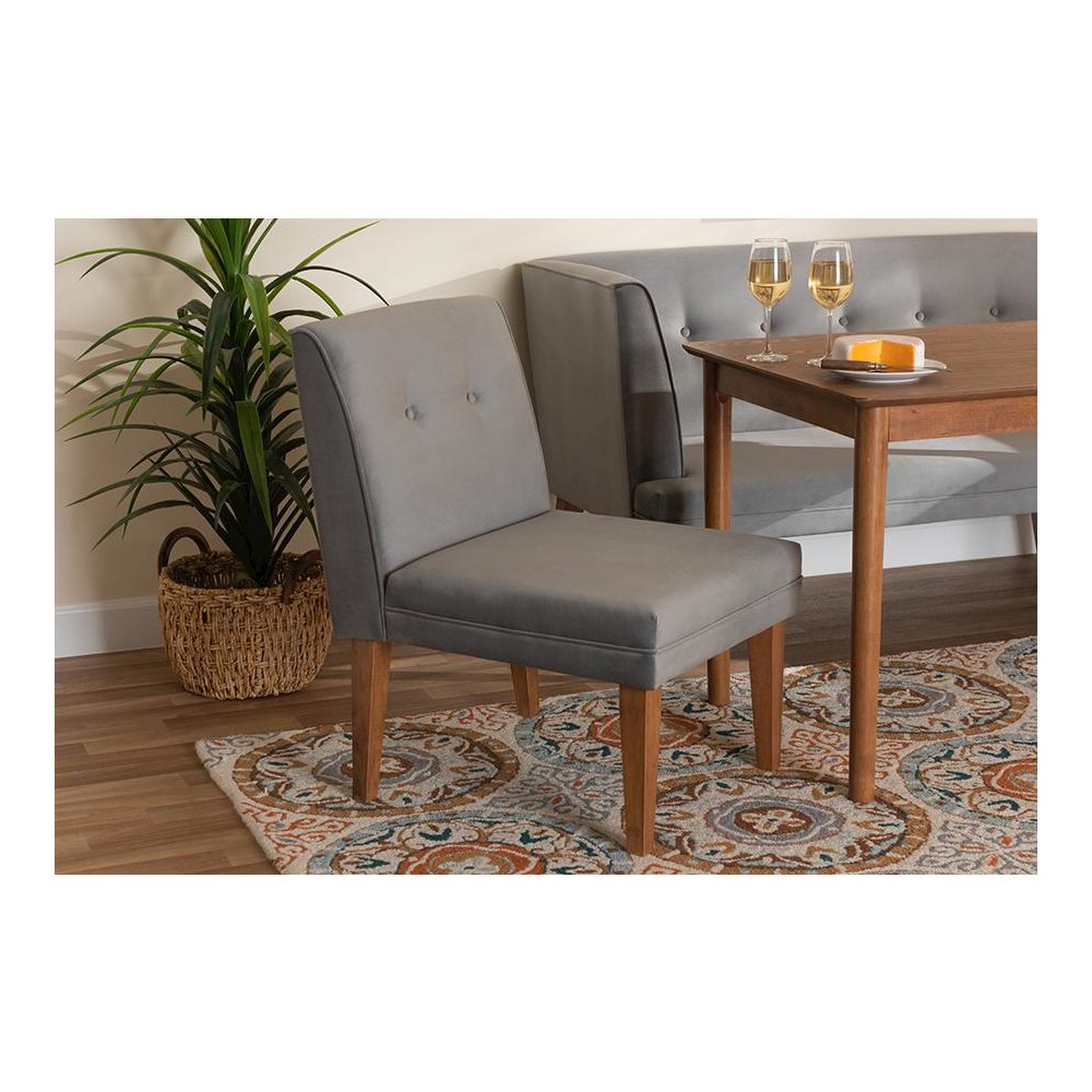 Grey Velvet Upholstered and Walnut Brown Finished Wood Dining Chair
