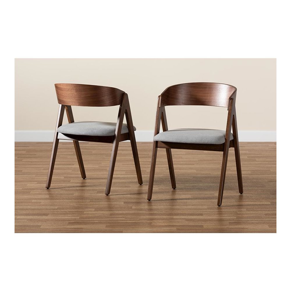 Grey Fabric Upholstered and Walnut Brown Finished Wood 2-Piece Dining Chair Set