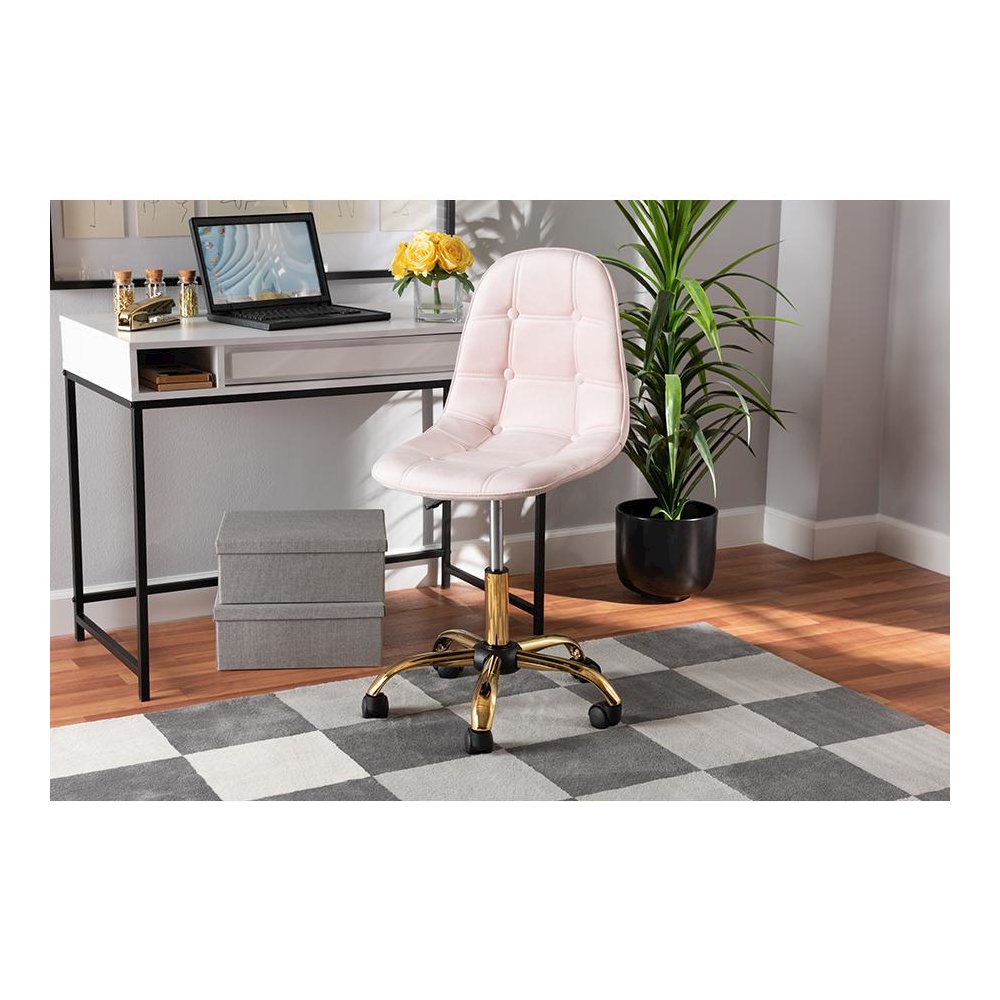 Glam and Luxe Blush Pink Velvet Fabric and Gold Metal Swivel Office chair