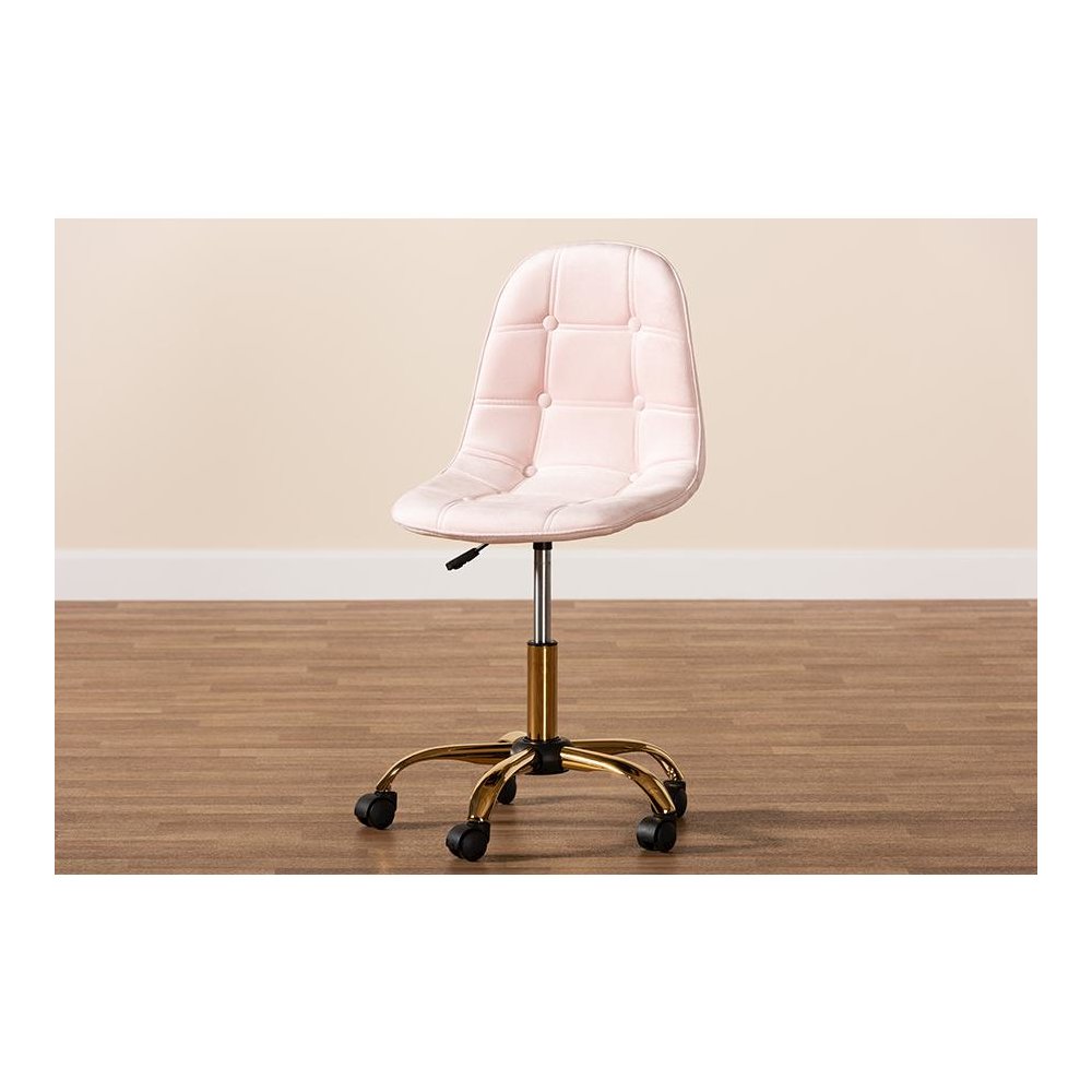 Glam and Luxe Blush Pink Velvet Fabric and Gold Metal Swivel Office chair
