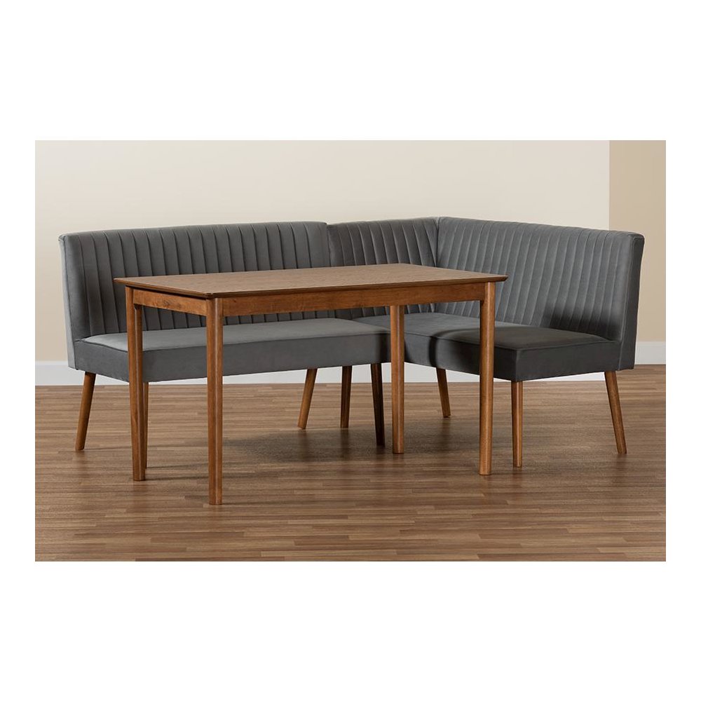 Grey Velvet Upholstered and Walnut Brown Finished Wood 3-Piece Dining Nook Set
