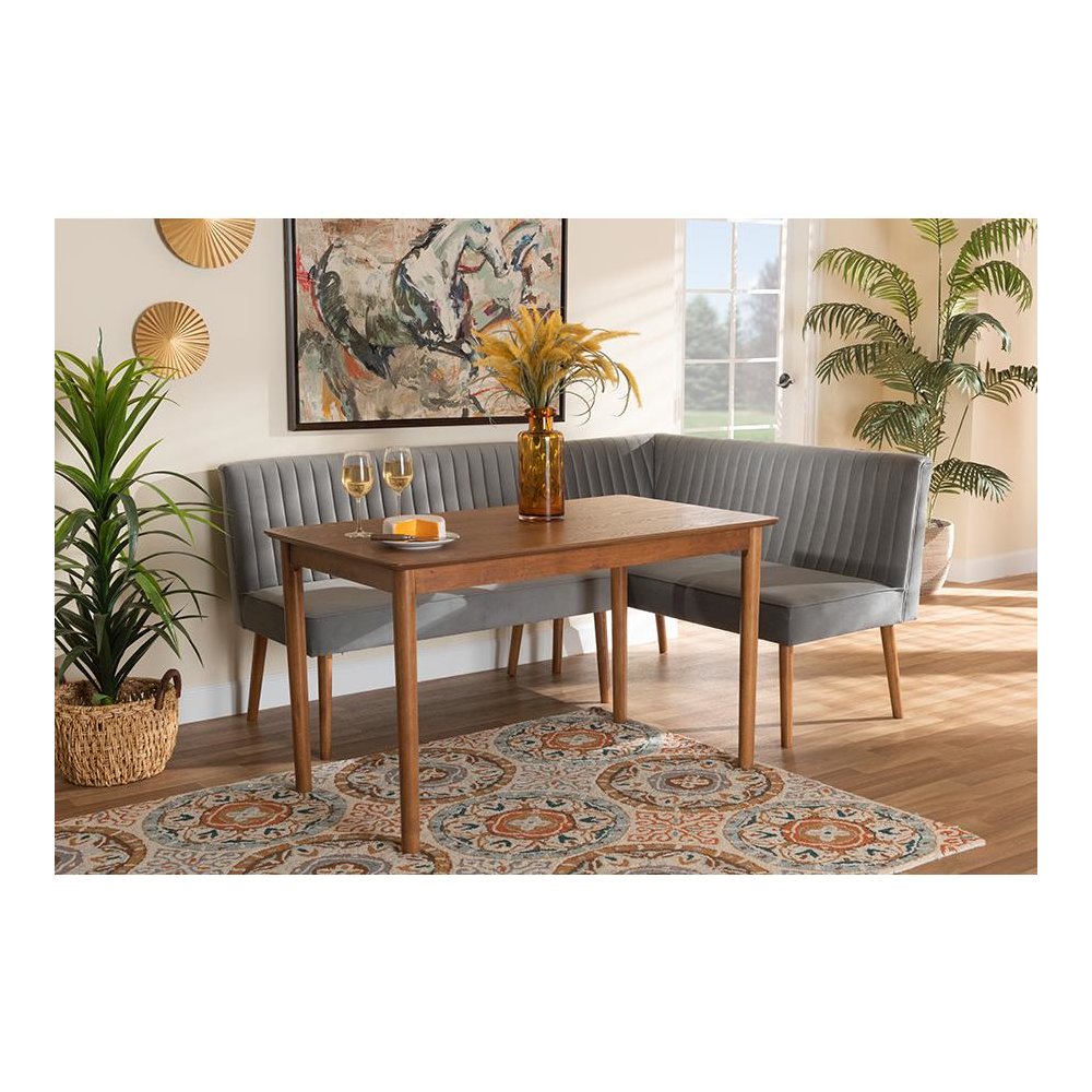 Grey Velvet Upholstered and Walnut Brown Finished Wood 3-Piece Dining Nook Set