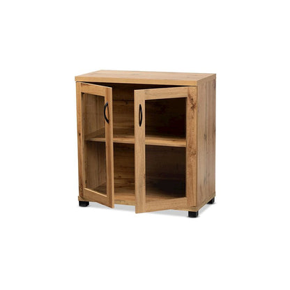 Oak Brown Finished Wood 2-Door Storage Cabinet with Glass Doors