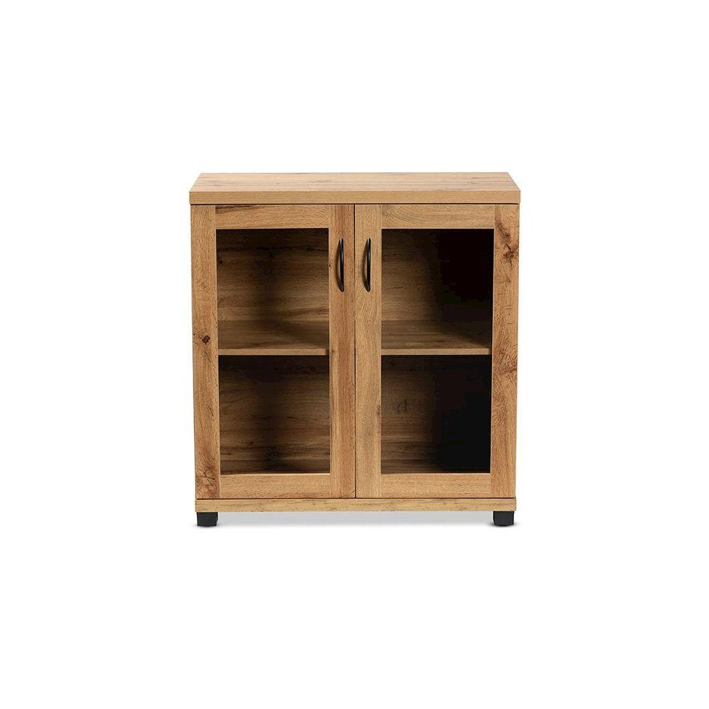 Oak Brown Finished Wood 2-Door Storage Cabinet with Glass Doors