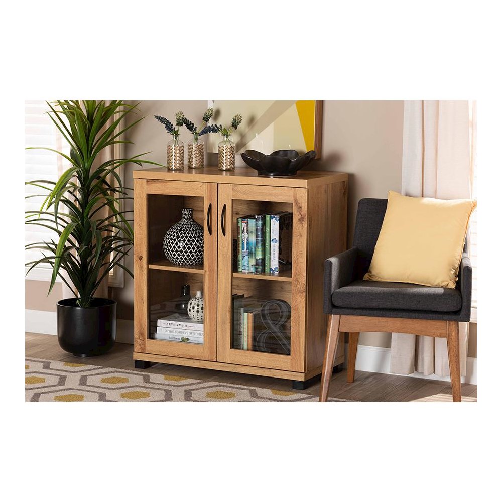 Oak Brown Finished Wood 2-Door Storage Cabinet with Glass Doors