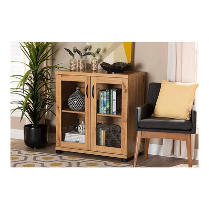 Oak Brown Finished Wood 2-Door Storage Cabinet with Glass Doors