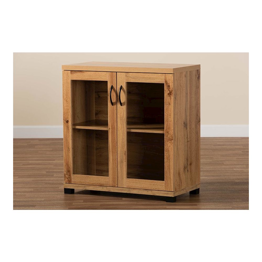 Oak Brown Finished Wood 2-Door Storage Cabinet with Glass Doors