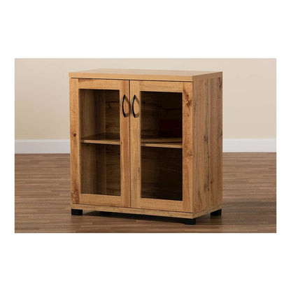 Oak Brown Finished Wood 2-Door Storage Cabinet with Glass Doors