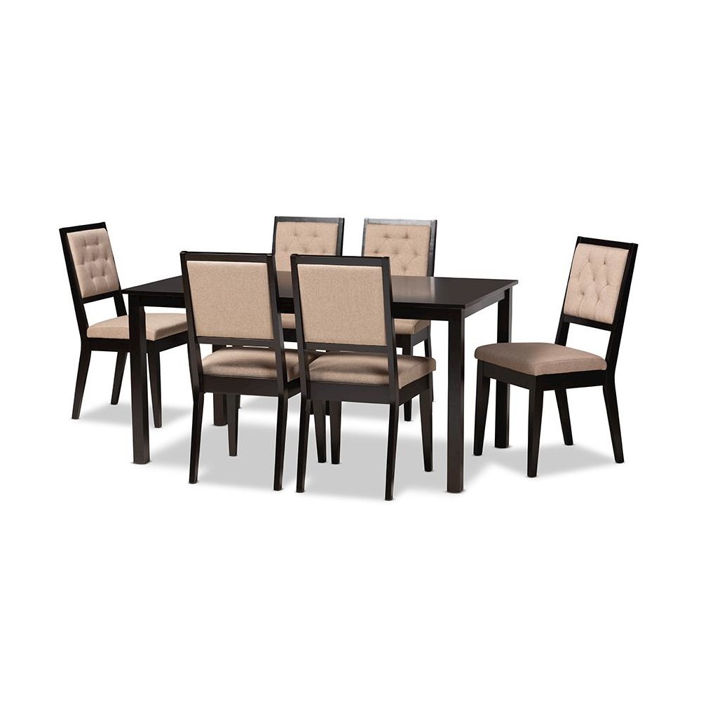 Sand Fabric Upholstered and Dark Brown Finished Wood 7-Piece Dining Set