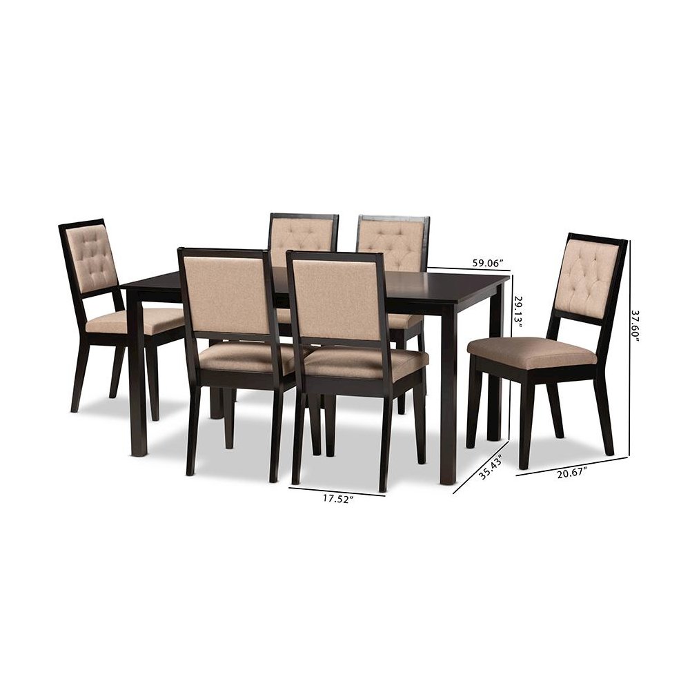 Sand Fabric Upholstered and Dark Brown Finished Wood 7-Piece Dining Set