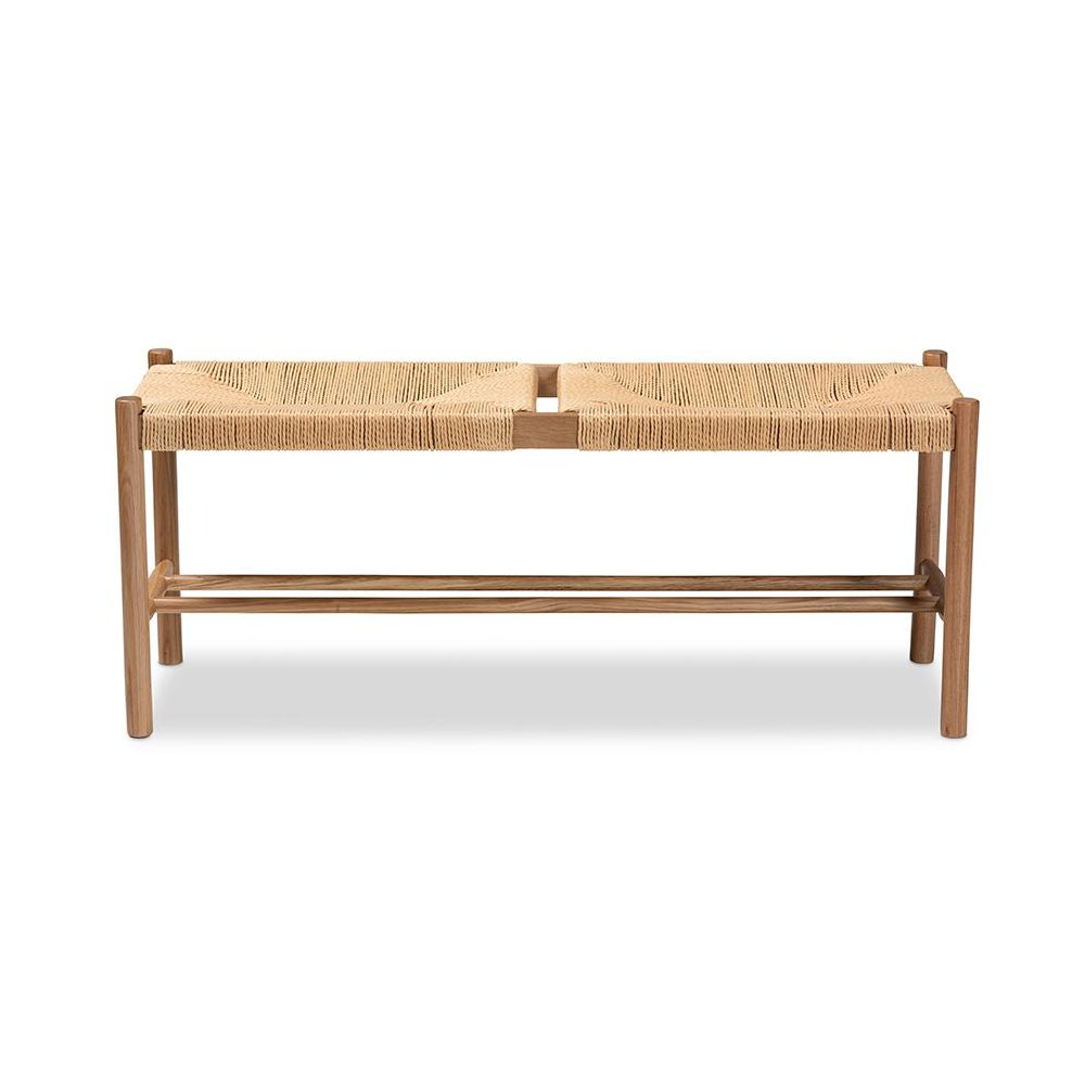 Saura Mid-Century Modern Oak Brown Finished Wood and Hemp Dining Bench