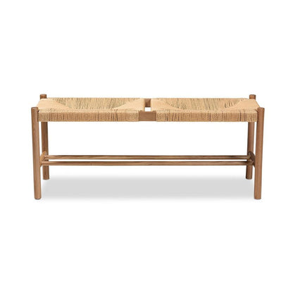 Saura Mid-Century Modern Oak Brown Finished Wood and Hemp Dining Bench