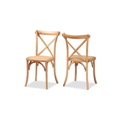 Tartan Mid-Century Modern Brown Woven Rattan and Wood 2-Piece Dining Chair Set
