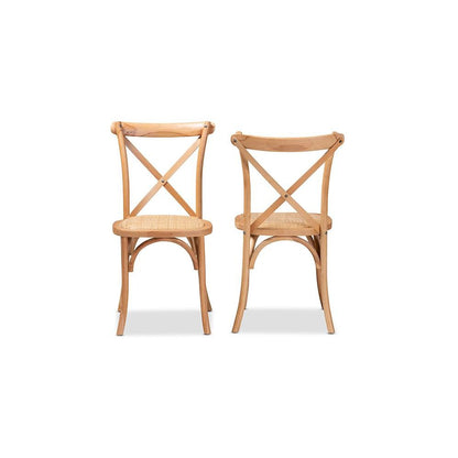 Tartan Mid-Century Modern Brown Woven Rattan and Wood 2-Piece Dining Chair Set