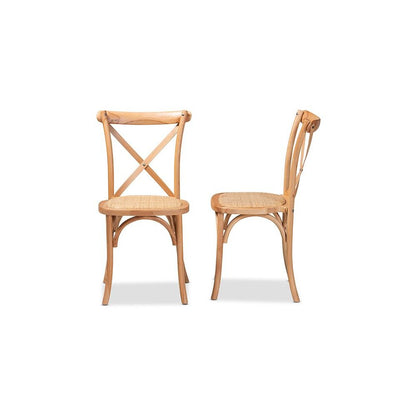 Tartan Mid-Century Modern Brown Woven Rattan and Wood 2-Piece Dining Chair Set