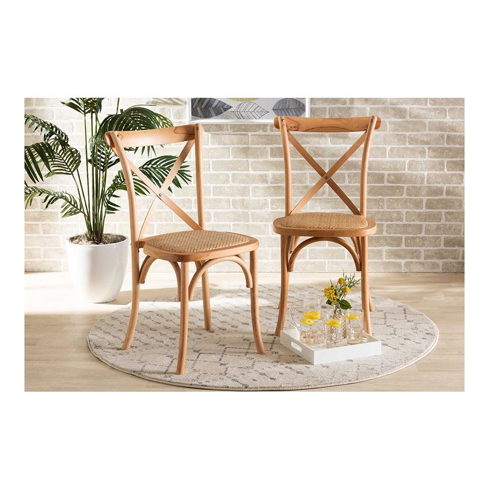 Tartan Mid-Century Modern Brown Woven Rattan and Wood 2-Piece Dining Chair Set
