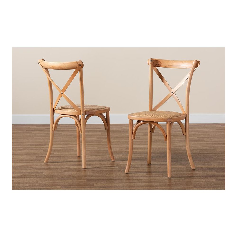 Tartan Mid-Century Modern Brown Woven Rattan and Wood 2-Piece Dining Chair Set