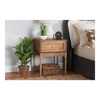 Ash Walnut Finished Wood and Rattan 1-Drawer Nightstand
