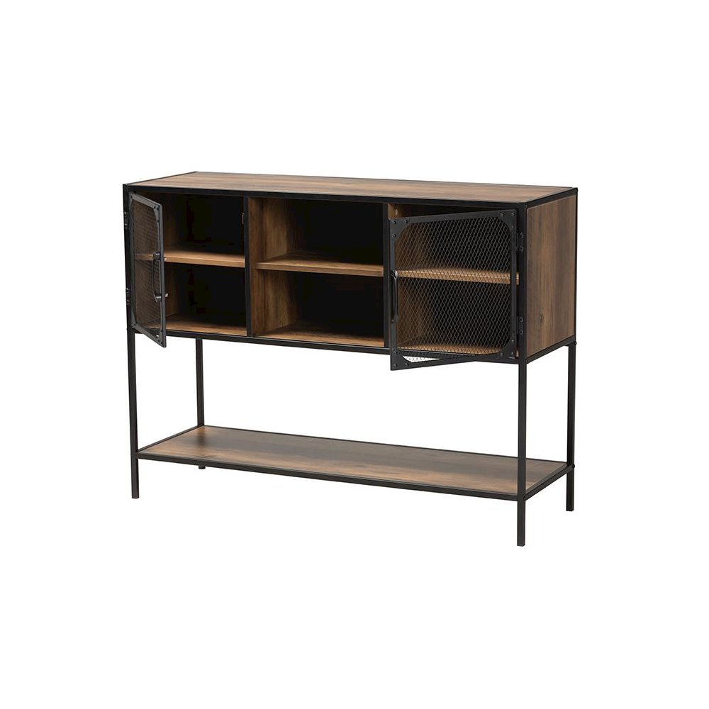 Industrial Walnut Brown Finished Wood and Black Metal 2-Door Sideboard