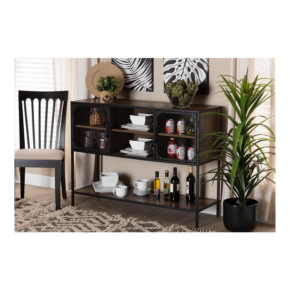 Industrial Walnut Brown Finished Wood and Black Metal 2-Door Sideboard